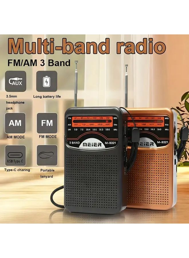 راديو أسود محمول AM/FM مع شحن USB وبطارية قابلة لإعادة الشحن ومقسم سماعات الرأس - Image 1